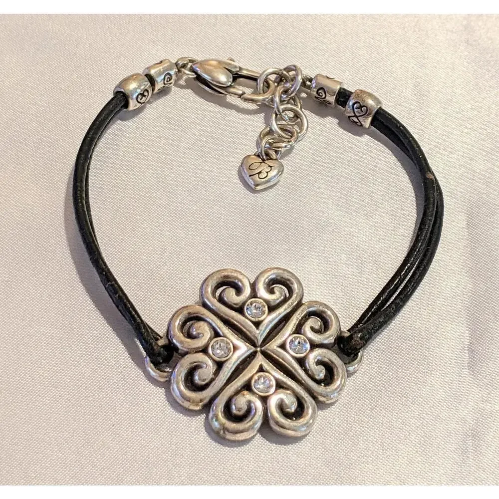 Brighton Alcazar Heart Bracelet Silver Plated Clear Crystals Black Leather 7-8